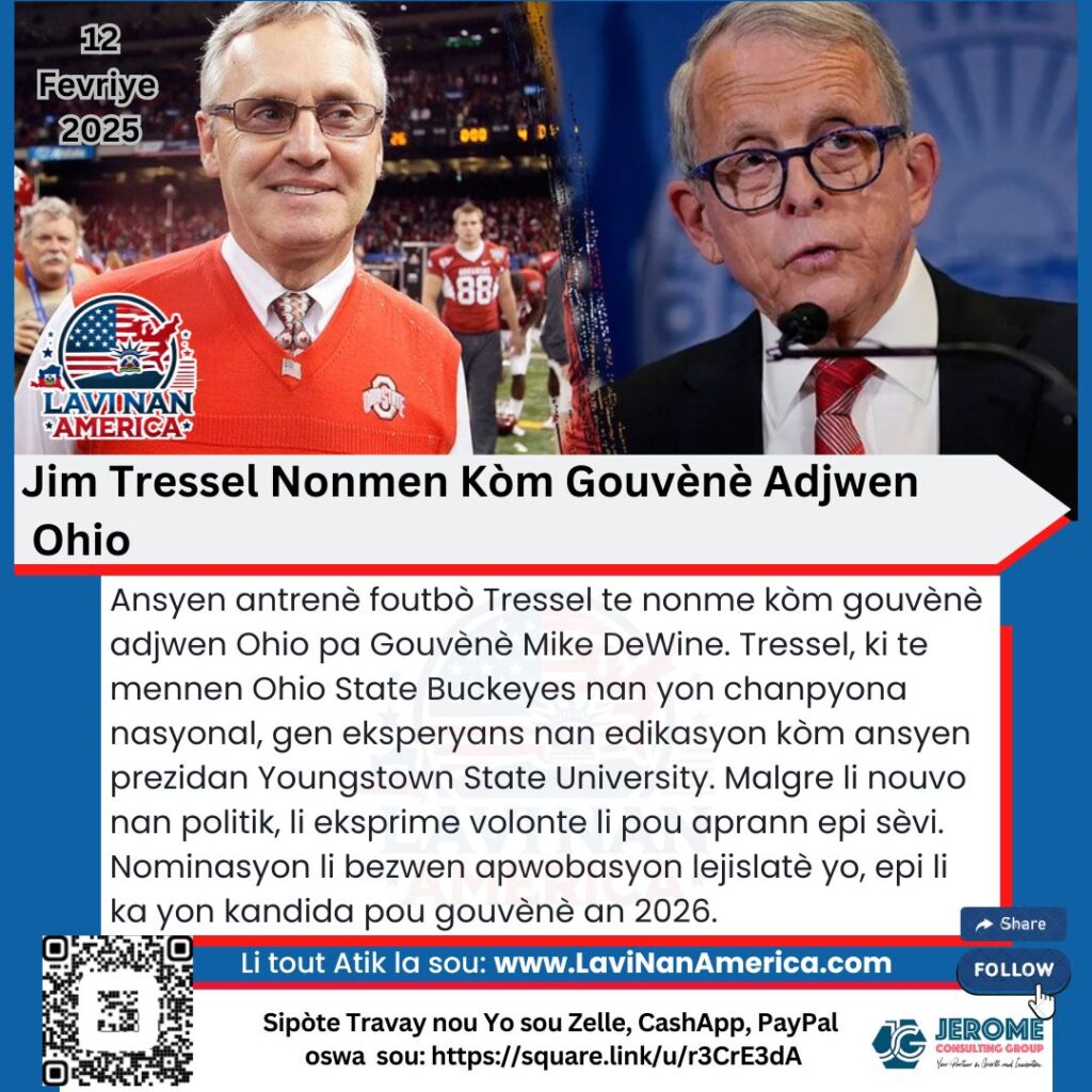 Jim Tressel Nonmen Kòm Gouvènè Adjwen Ohio