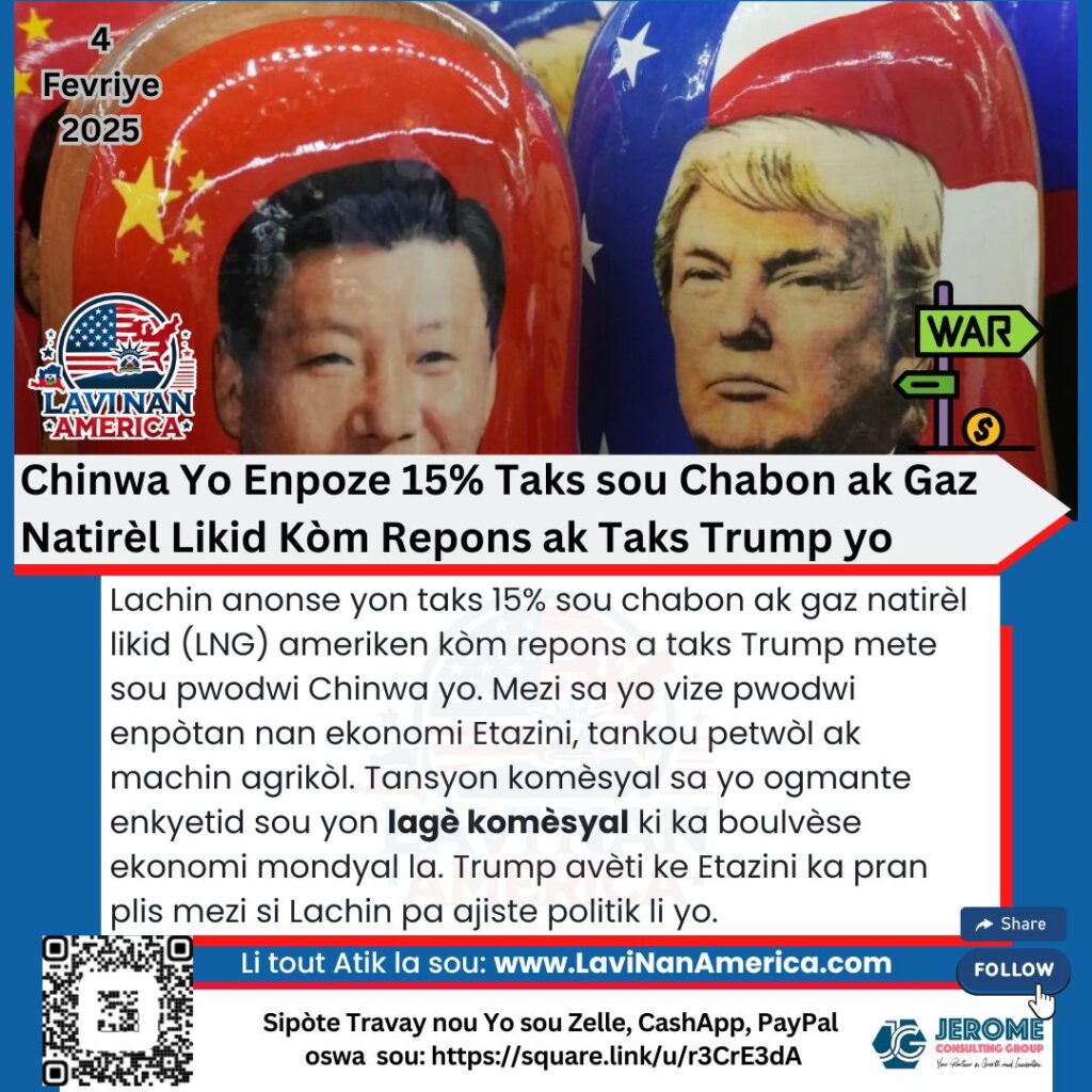 Chinwa Enpoze Taks 15% sou Chabon ak Gaz Natirèl Likid Kòm Repons ak Taks Trump yo